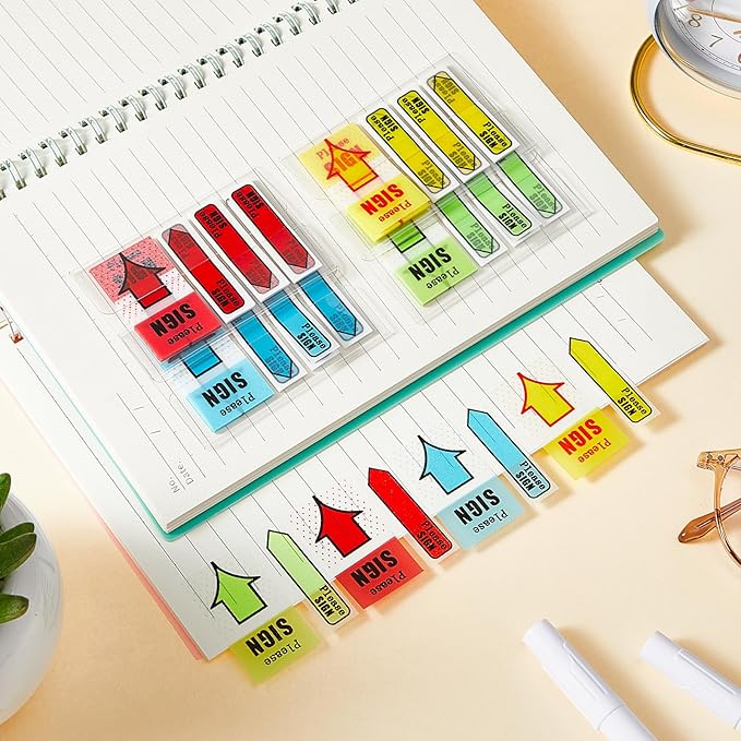 Teling 2000 Pcs/ 20 Packs Sign Here Sign Date Tabs Stickers Colored with Dispenser Arrow Flag Tabs with Dispenser Easy to Post for Notary Books Paper(Stylish Style)