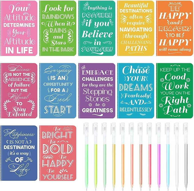 12 Pcs Mini Inspirational Notebooks Bulk with 12 Pcs Colorful Pens, Small Pocket Journal Notepads Set, Motivational Bulk Gifts for Women Men Teacher Student Kids, Fun School Office Supplies,3.5"x5.5"