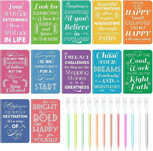 12 Pcs Mini Inspirational Notebooks Bulk with 12 Pcs Colorful Pens, Small Pocket Journal Notepads Set, Motivational Bulk Gifts for Women Men Teacher Student Kids, Fun School Office Supplies,3.5"x5.5"