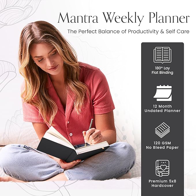 2025 Planner, Daily Journal & Gratitude Journal All-In-One with To Do List, Self Care Prompts & Habit Tracker - 5.8 x 8.3 - Black