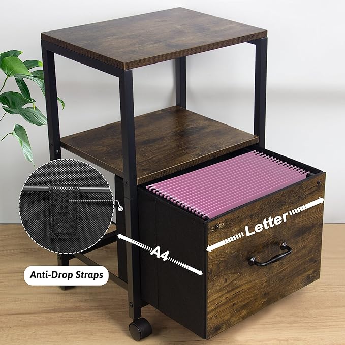 2 Tier Metal Mobile Under Desk Home Printer Stand with Storage Drawer Small File Cabinet for Home Office with Wheels Printer Tables for Small Spaces, Rustic Brown