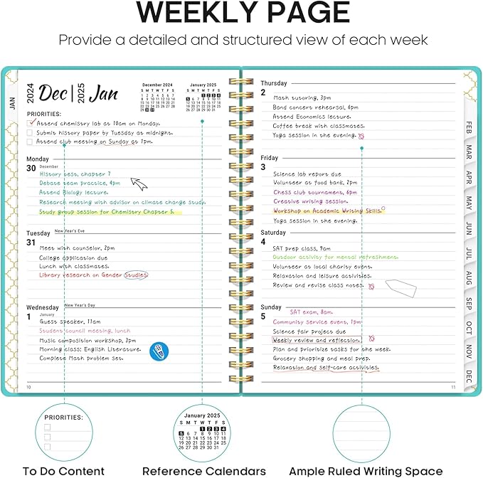 2025 Planner - Weekly and Monthly Planner Spiral Bound, January 2025 - December 2025, Hardcover 2025 Calendar Planner Book with Tabs, Inner Pocket, Perfect for Office Home School Supplies - A5 (6.3" x 8.5"), Aquamarine