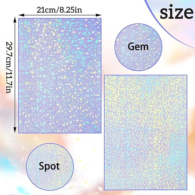 36 Sheets Holographic Sticker Paper Clear A4 Vinyl Sticker Paper Self Adhesive Waterproof Transparent Film Gem Rainbow Star Patterns, 11.7 x 8.3 Inch (Gem, Dot)