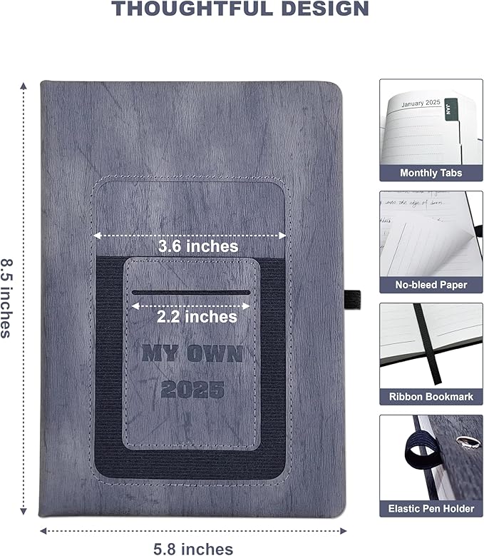 2025 Weekly and Monthly Planner with Pen: Jan 2025-Dec 2025, A5 size 8.5" x 5.75", Hard Cover Agenda Planner with Phone Holder, Card Holder and Pen Holder (Grey)