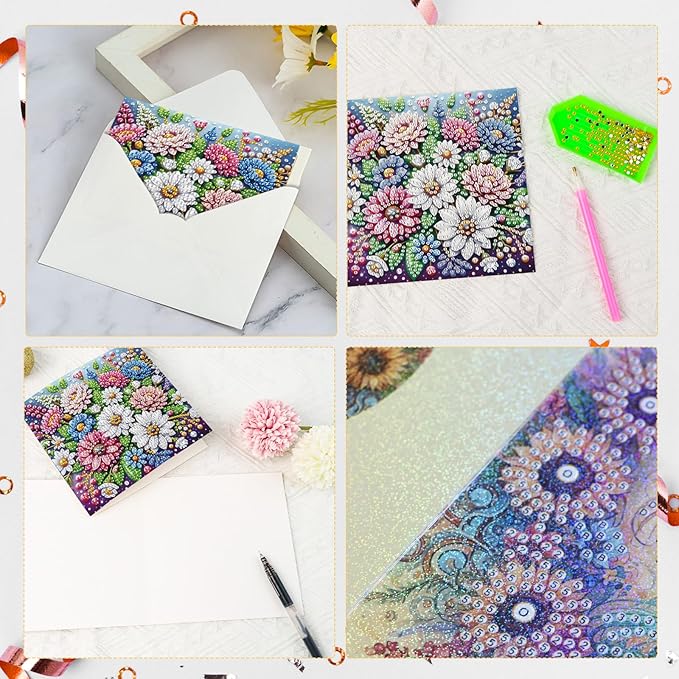 6 pcs Diamond Art Painting Greeting Card Kits - Beautiful Floral Design with Fine Glitter, 5D DIY Creative Special Shaped Diamonds Greeting Cards for Birthday Holiday Congratulations Crafts Gifts