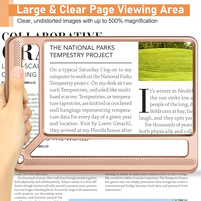 5X Full Page Magnifying Glass for Reading, Lightweight Rectangular Magnifier Provides Large Book Page Viewing Area, Handheld Magnifier for Reading Small Print for Seniors, Low Vision-Rose Gold