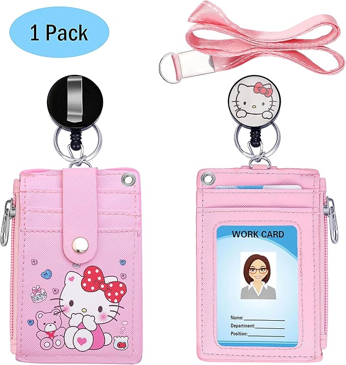 Cute ID Badge Holder Retractable Lanyard Reel Clip with Heavy Duty Carabiner,5 Card Slots in2 Sided with Key Ring and Zipper for Students Teens Boys Girls Office Staff Women (01 Pink CatA)