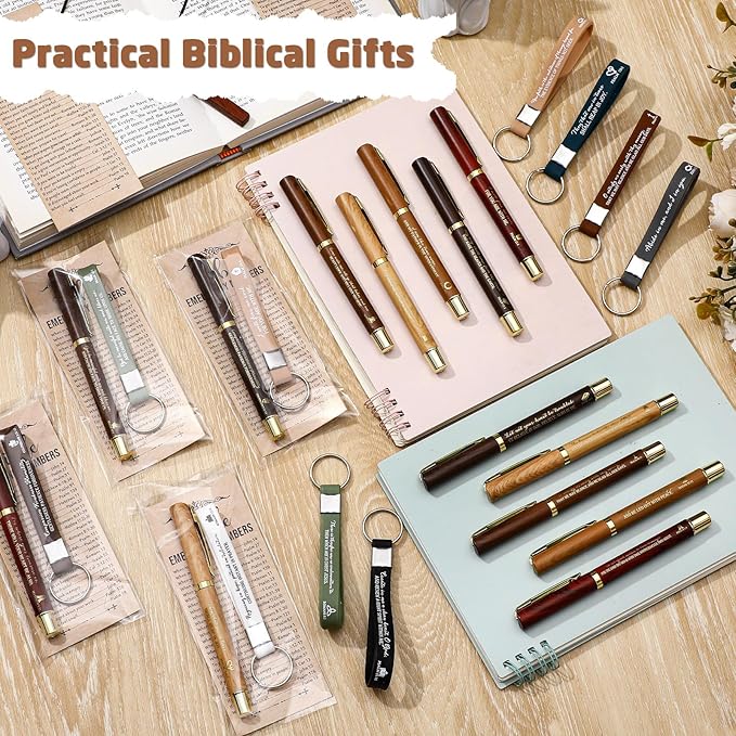 25 Sets Christmas Christian Church Gifts Bulk Bible Verse Plastic Gel Pen Religious Silicone Keychains Scripture Bookmark 2''x 6'' Emergency Numbers Bible Bookmarks Gift Pastor (Wood Color)
