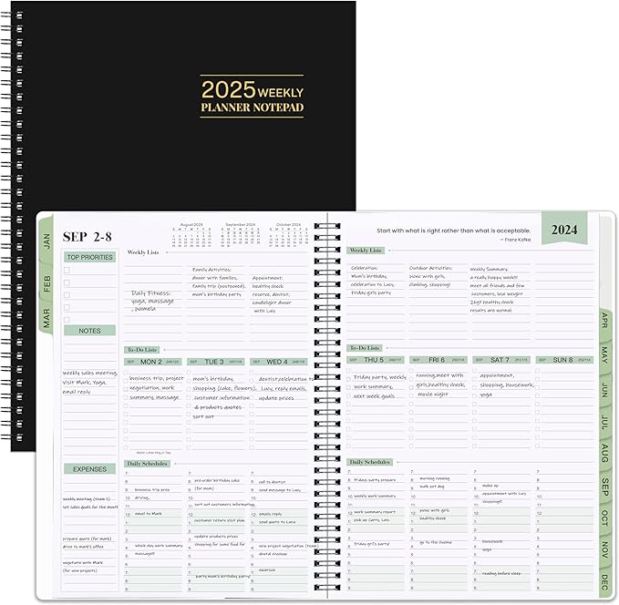 2025 Planner - Weekly & Monthly Planner Notepad 2025, 11.38'' x 8.74'', JAN 2025 - DEC 2025, Appointment Book, 60 Minutes Intervals, Monthly Tabs, Sturdy Cover, Spiral Bound, Back Pockets - Black