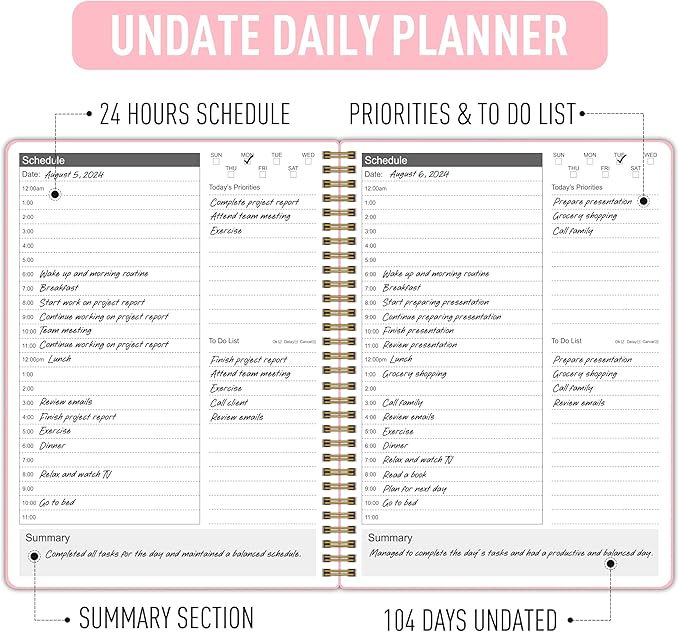 24 Hour Schedule Daily Planner - Undated To Do List Notebook with Hourly Schedule, 7" x 10", Spiral Organizer Your Tasks and Appointments, Home or Office Supplies for Women - Carnation Pink