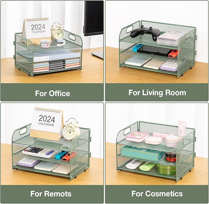 3-Tier Letter Tray Paper Organizer with Handle,Compact Mesh Desk File Organizer for Home Office Supplies Desktop Accessories,Green
