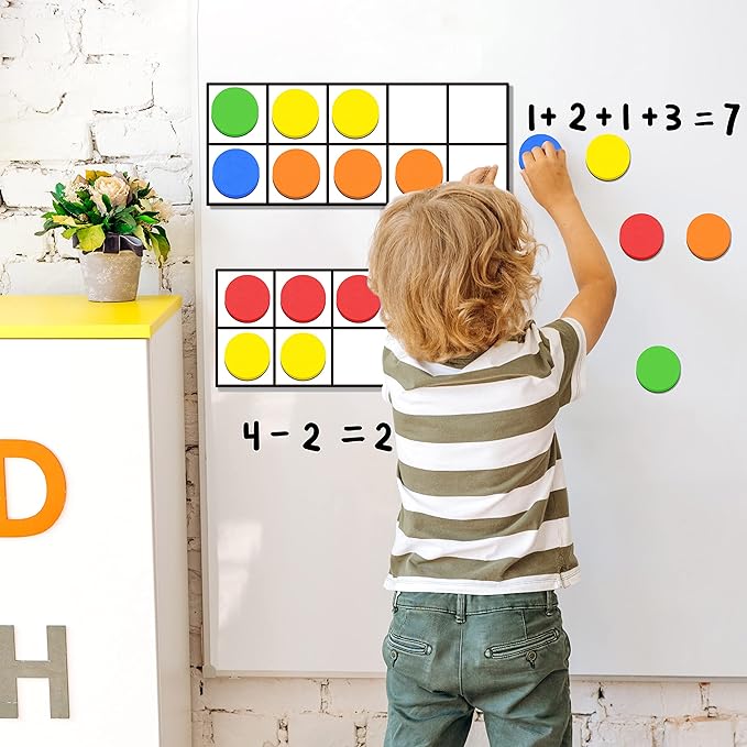 Magnetic Ten-Frame Set, Including 5 Frames (no Hollowed Out) and 55 Colorful Discs (Upgraded Version for Fridge & Hand-held)