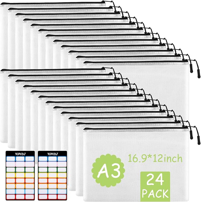 24pcs Mesh Zipper Pouches, A3 Size Waterproof Black Zipper Bags, Water-Resistant Plastic Zipper Pouch for School Office Supplies, Puzzles & Games Organizing Storage
