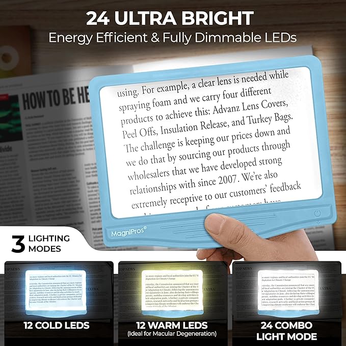 MAGNIPROS 5X Large LED Hands-Free Full Page Magnifying Glass with Detachable Stand & 3 Stepless Color Modes to Reduce Eye Strain, Ideal for Reading Small Prints, Crafting, Low Vision & Seniors