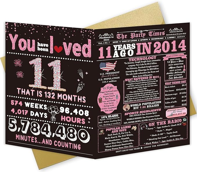 11 Year Old Girl Birthday Gifts, 11th Birthday Decorations for Girls, 11th Birthday Card, Celebration Ideas, Big Size, Rose Pink Gold