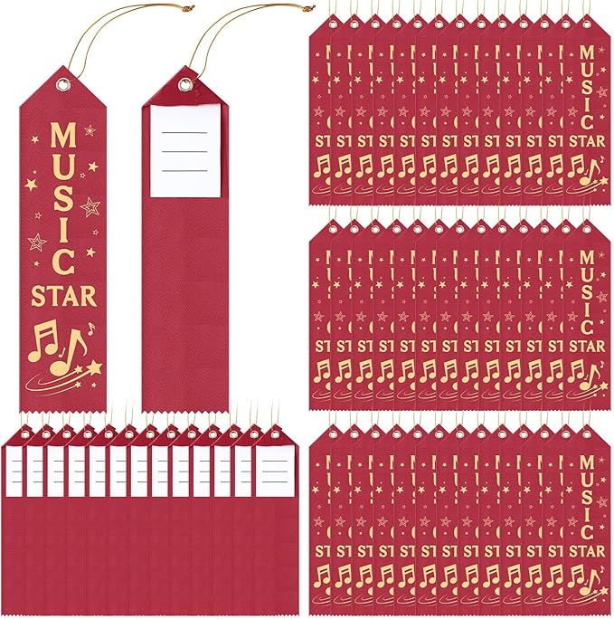 50 Pcs Music Star Ribbons 8 x 2 Inches Maroon Ribbons with Cards and Strings Music Prizes Bookmark Style Awards for Singing Competitions Class Activities Concerts