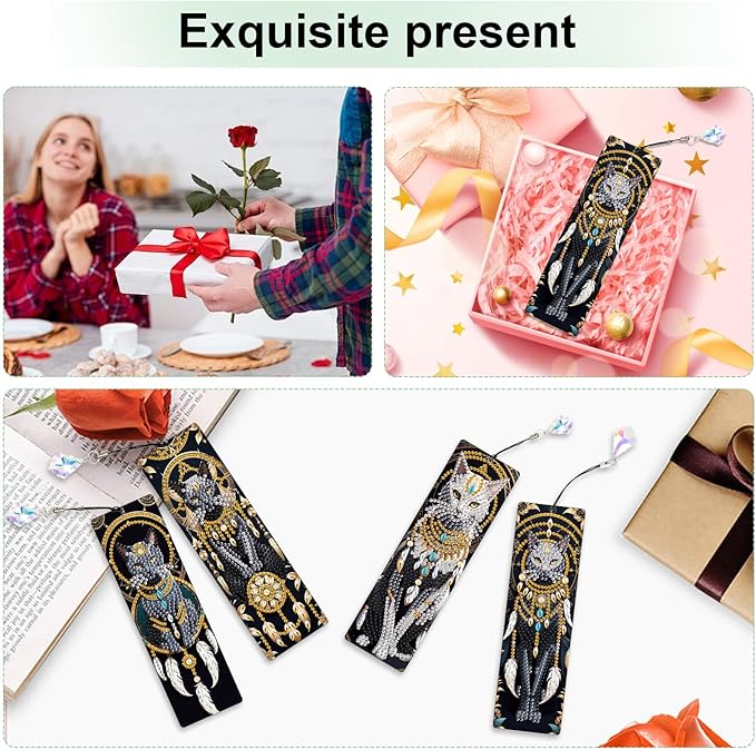 4-Piece Animal Diamond Painting Bookmarks Set for Adults – DIY 5D Rhinestone Art Bookmark Kits with Tassels, Beautiful Diamond Art Bookmarks for Crafts and Gifts, Dreamcatcher Cat