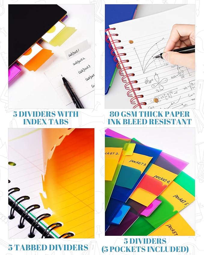 5 Subject Notebook - Spiral Notebook, College Ruled Notebook With Dividers Pocket, Tabs, 11" Ruler, 200 Pages, for Writing Journal, Home & Office, School Supplies, 8.5''x11'' Forest Green