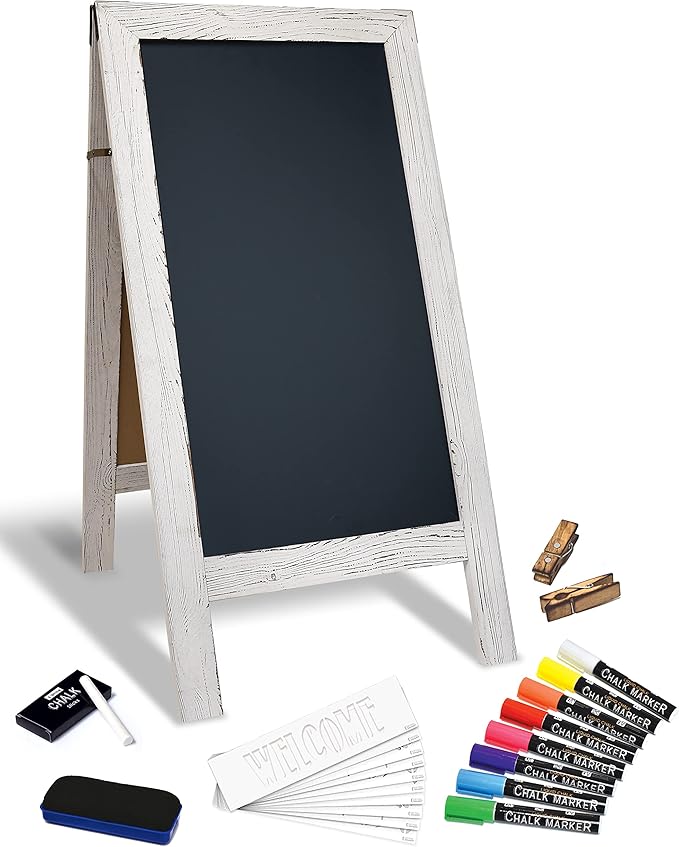 Better Office Products Magnetic A-Frame Chalkboard Sign, Extra Large 20" x 40", Standing Chalkboard Easel, Deluxe Set with Multiple Accessories, Outdoor Sidewalk Sandwich Board Sign,(Whitewash)