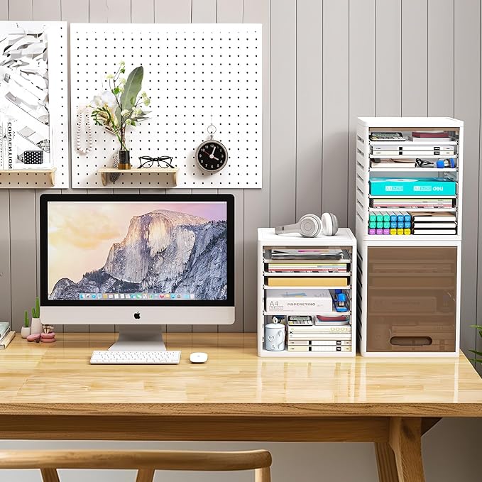 5 Tray Paper Organizer with Doors - Desktop File/Letter Organizer, Plastic Paper Sorter with Drawers for Office, Home or School - Dust-Proof Design