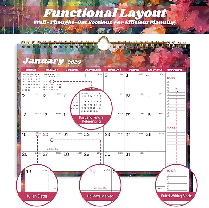 2025 Calendar 18 Month Wall Calendar 2025-2026, January 2025 to June 2026 Calendar with Julian Dates, 11" X 8.5" (2025-2026 Wall Calendar Flower)