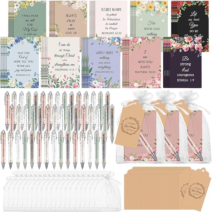 200 Pcs Bible Verse Sets Church Christian Gift Include 50 Scripture Notebooks 50 Bible Bamboo Pens 50 Thanks Tags 50 Organza Bags for Women Man Christian Party Gifts(Cute Color,Flower)