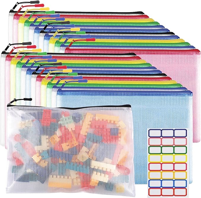 24pcs Mesh Zipper Pouch Bags, Zipper Bags for Organizing, A4 Zipper Bags for Classroom Organization and Storage, Board Game Storage,Puzzle Bags