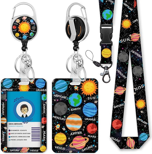 Giancomics Space Planet Sun Lanyards for Id Badges, ID Badge Holder with Lanyard Badge Reel Retractable, Galaxy Lanyard with ID Holder Keychain Clip Name Tag ID Card Holder for Women Men Work Office