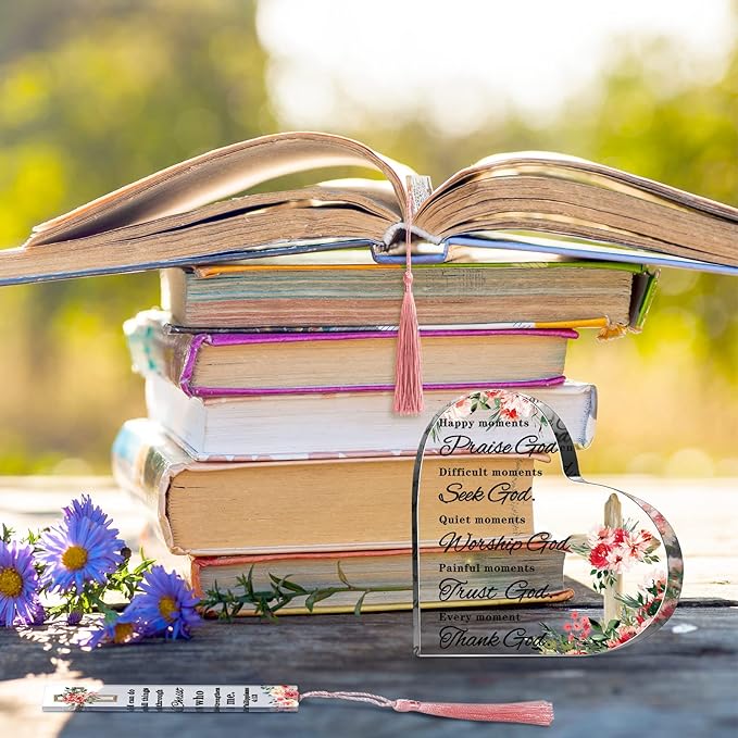 3 Pieces Christian Gifts for Women Religious Gifts for Women Praise God Bookmark and Acrylic Heart Paperweight Set Cheer up Gifts for Women Bible Verses Decor Happy Moment Praise God Decor