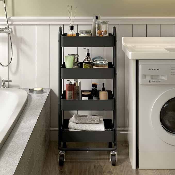 4-Tier Black Rolling Cart,Metal Rolling Utility Cart with Handle,Multifunction Rolling Carts with Wheels,Kitchen Storage Carts Suitable for Office,Home,Kitchen,Garden（13.4"x18.1"x40"） Black