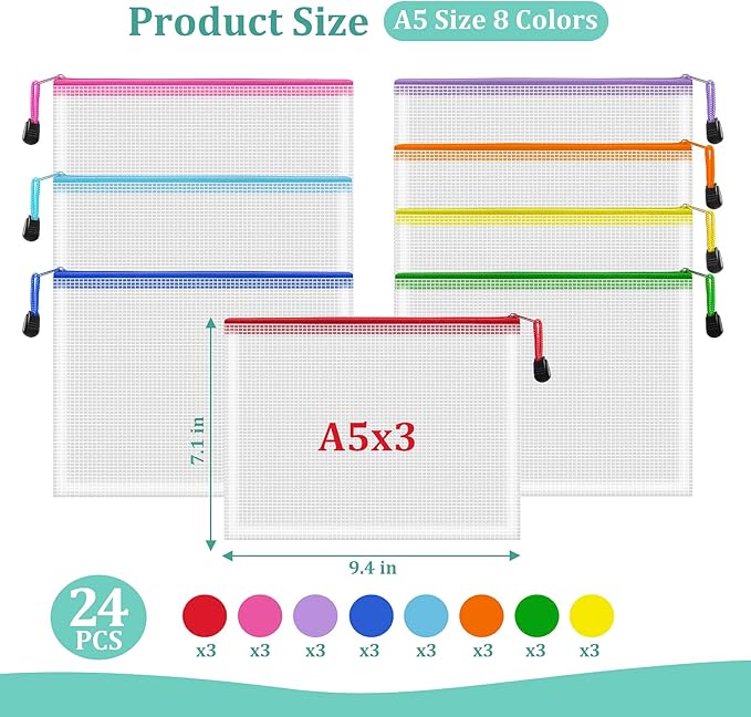 24pcs Mesh Zipper Pouch Bags, A5 9.4x7.1 Inches, 8 Colors, Organizing Pouches for Classroom, Home, Office & Puzzle Storage