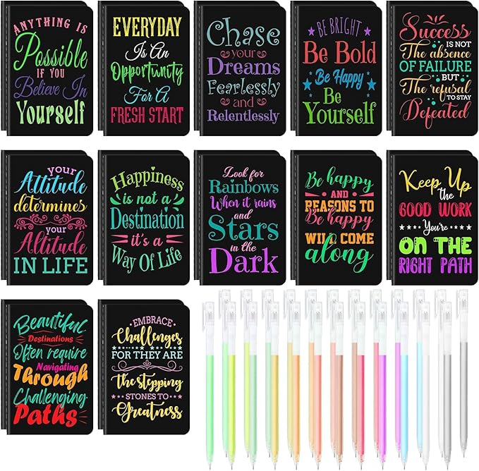 24 Pcs Mini Inspirational Notebooks Bulk with 24 Pcs Colorful Pens, Small Pocket Journal Notepads Set, Motivational Bulk Gifts for Women Men Teacher Student Kids, Fun School Office Supplies,3.5"x5.5"