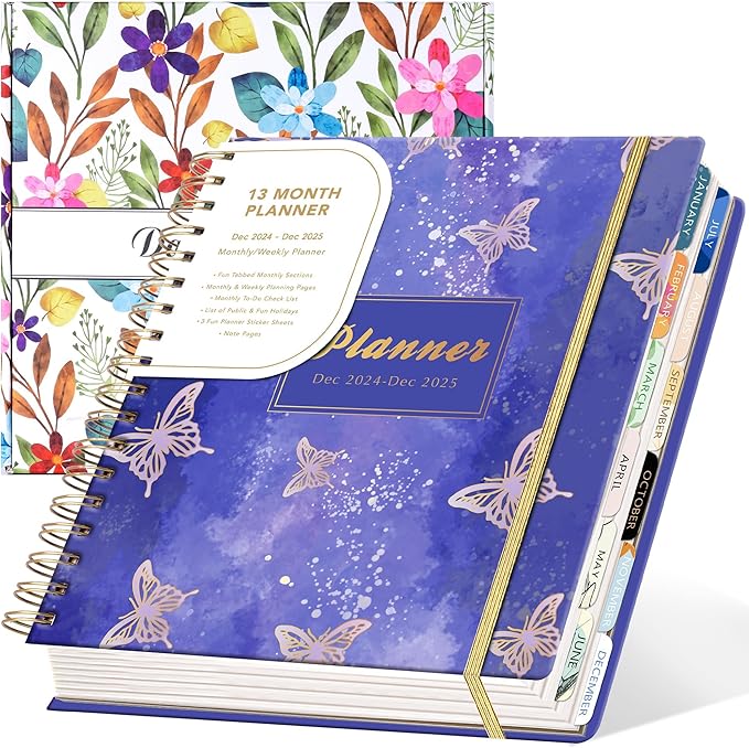 2025 Hardcover Planner Weekly and Monthly, Dec 2024–Dec 2025, Large Spiral Bound Planners 2025 for Women Gifts, 8.3" x 9.3",13 Month Calendar with 13 Tabs, 3 Sticker Sheets, Purple