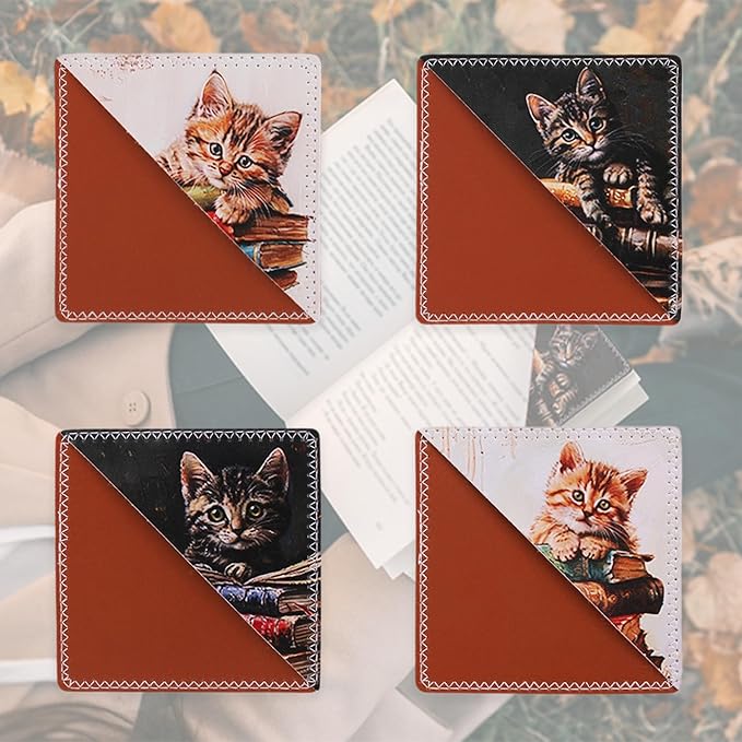 4 Pieces Leather Bookmarks, Cute Book Accessories for Reading Lovers, Page Markers for Women Men Kids Students Teachers Retirement Birthday Gift (Cute Cat)