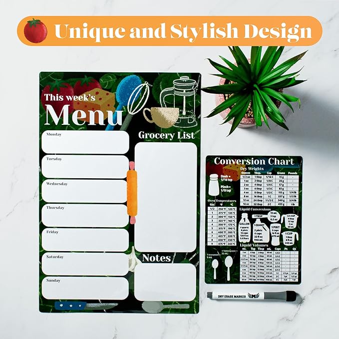 Magnetic Menu Board for Fridge 10-inch x 15-inch Smudge-Free Weekly Meal Planner Magnetic Comes With Conversion Chart and Dry Erase Marker for Dry Erase Menu Board for Fridge by Mommy Marvel