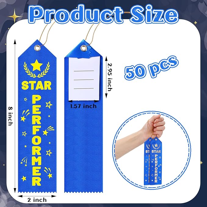 50 Pcs Star Performer Award Ribbons 8 x 2 Inches Blue Performer Ribbons with Cards and Strings Performance Prizes Bookmark Style Awards for Stage Competitions Class Activities