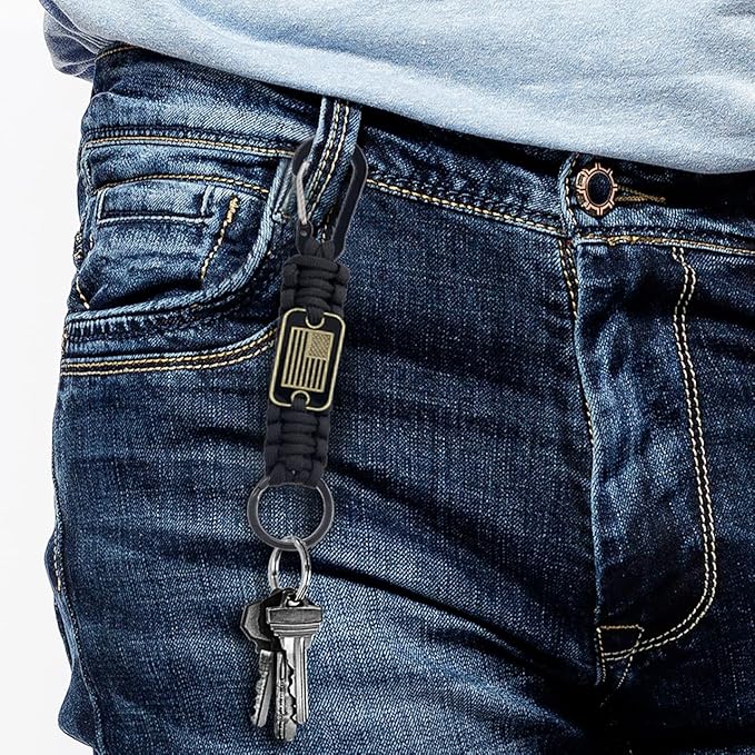 Paracord Keychain with USA Flag, Paracord Carabiner Keychain Clip, Braided Lanyard Utility Ring Hook Outdoor Camping Kit