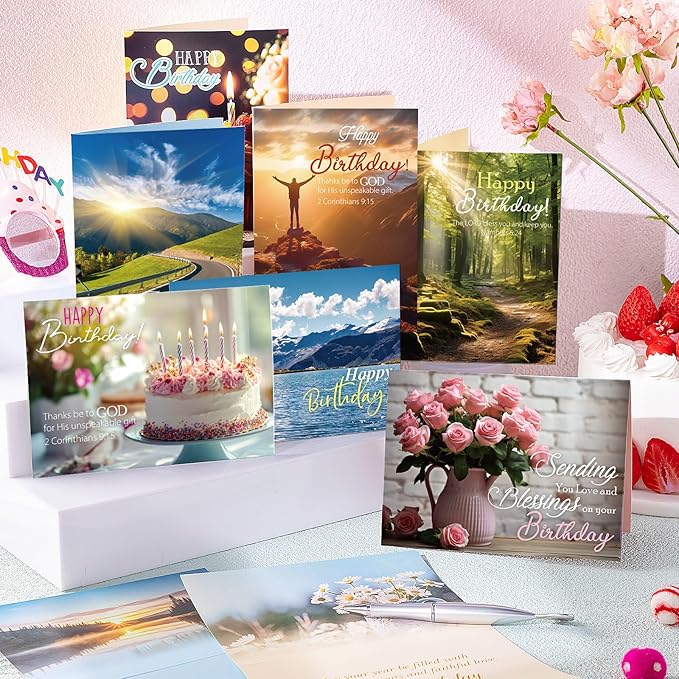 120 Pack Religious Christian Birthday Cards Bulk with Scripture Bible Verse 4.5 x 6.2 Inch Assorted Christian Blessings Greeting Cards for Birthday with Envelopes and Stickers (Scenic Style)
