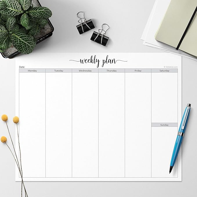 321Done Weekly Planning Notepad - 50 Sheets (8.5" x 11") - Landscape Days of Week Blank Horizontal Desk Planning Pad, Large Letter-Size - Made in USA - Simple Script