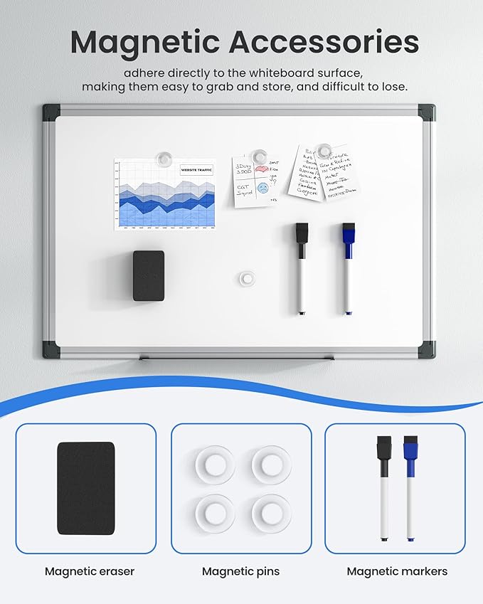 VUSIGN 6PCS Magnetic White Board Kit for Wall 18" x 12", 6 Dry Eraser & 12 Multicolor Markers & 24 Magnetic Pins, Sliver Reinforced Aluminum Frame for Home, School, Office