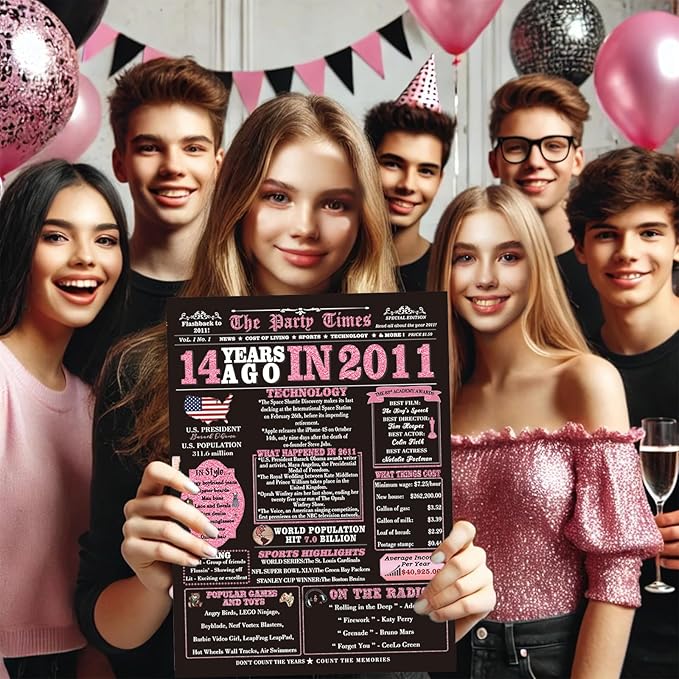 14th Birthday Card Gifts for Girls, Daughter, Niece, Granddaughter, 14th Birthday Decorations for Girls, Large Birthday Card for 14 Year Old, Funny Back in 2011 Birthday Card, Rose Pink Gold