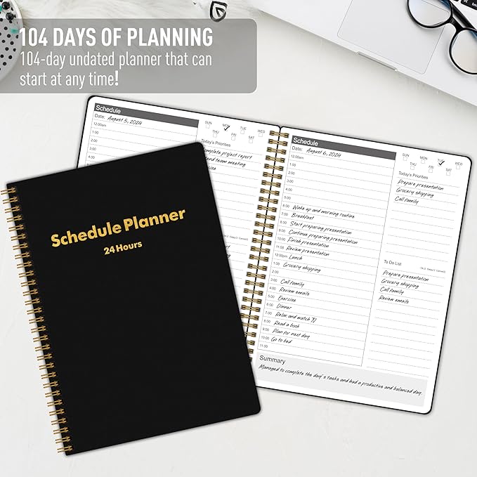 24 Hour Schedule Daily Planner - Undated To Do List Notebook with Hourly Schedule, 7" x 10", Spiral Organize Your Tasks and Appointments for Work, School, and Home - Black