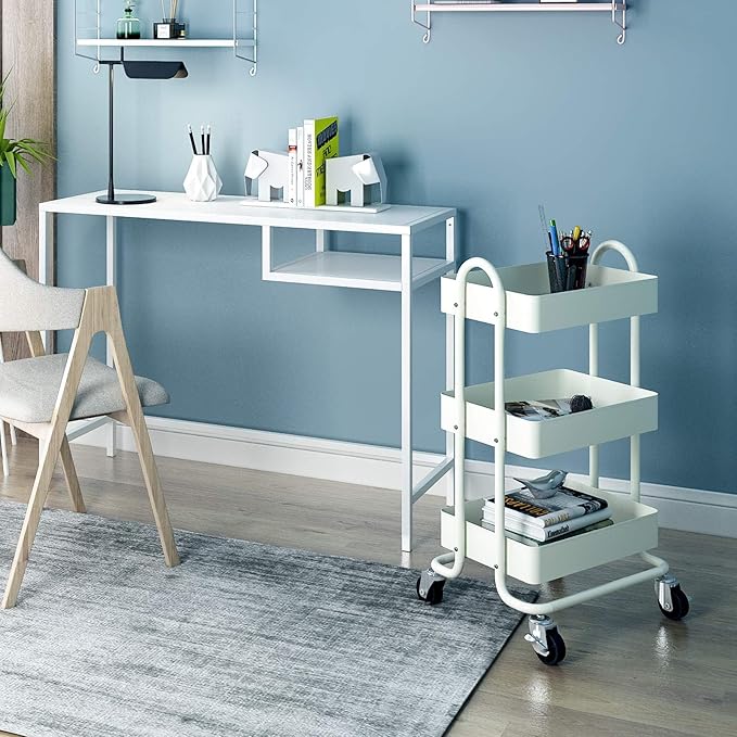 3-Tier Rolling Cart,Metal Rolling Utility Cart with Handle,Steel Multifunction Carts with Wheels,Kitchen Storage Carts Suitable for Office,Home,Kitchen,Garden（13.4"x18.1"x31"） White