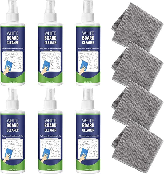 6 Pack Whiteboard Cleaner Spray 8.5oz - Dry Erase Board Cleaner with 4 Cloths - Non Toxic - Removes Stubborn Marks