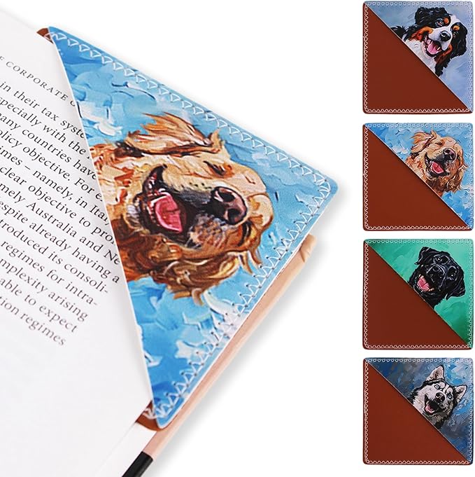 4 Pieces Leather Bookmarks, Cute Book Accessories for Reading Lovers, Page Markers for Women Men Kids Students Teachers Retirement Birthday Gift (Cute Dog)