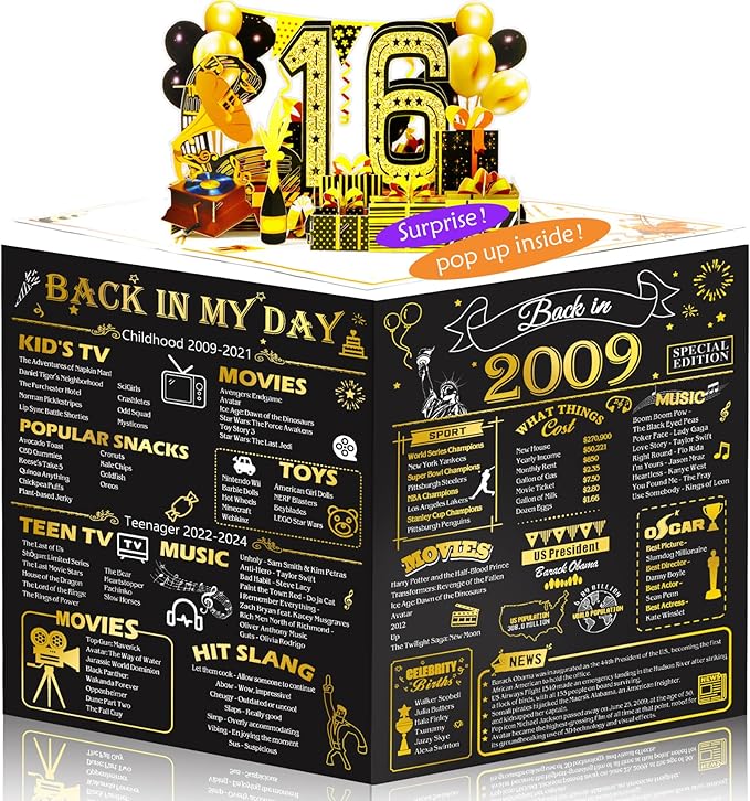 16th Birthday Card for Girls Boys, 3D Pop Up 16th Birthday Gifts Cards, Happy 16 Birthdays Decorations for 16 Year Old Son Daughter, Funny Back In 2009