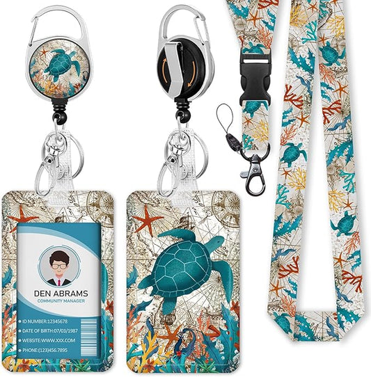 Lanyards for Id Badges, Badge Holder with Retractable Reel Clip, Sea Turtle Cute Card Name Tag Lanyard Vertical ID Card Protector Case for Women Nurse Nursing Doctor Teacher Student Kids