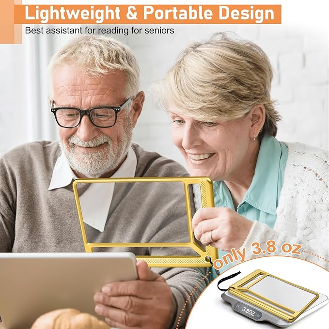 5X Full Page Magnifying Glass for Reading, Lightweight Rectangular Magnifier Provides Large Book Page Viewing Area, Handheld Magnifier for Reading Small Prints for Seniors, Low Vision-Gold