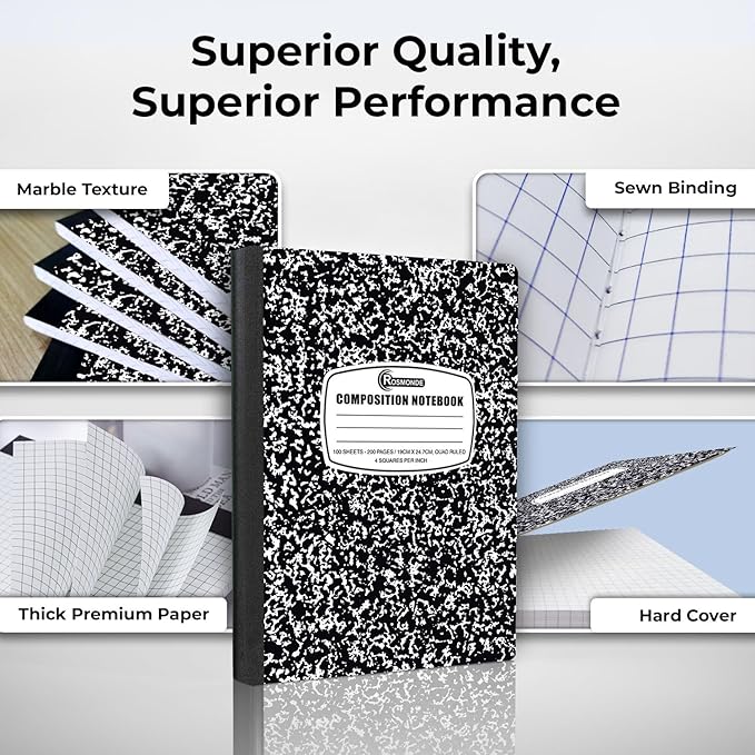 12 Pack Graph Paper Composition Notebook, 200 Pages (100 Sheets), 4x4 Grid, Graph Composition Notebook, Black Marble Hard Cover Quad Ruled Notebooks for School, Bulk Grid Composition Notebook