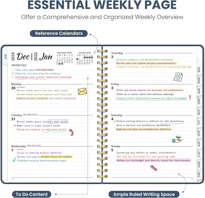 2025 Planner Weekly and Monthly, Jan 2025 - Dec 2025, Hardcover 2025 Calendar Planner Book with Monthly Tabs, Inner Pocket, Aesthetic Planner 2025 for Office Home School Planning - A5 (6.3" x 8.5"), Spiral Bound, Navy